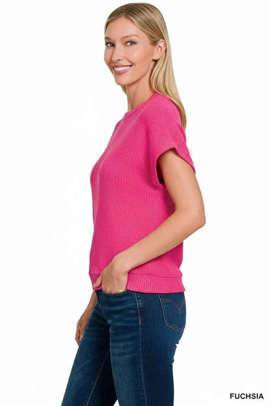 Round Neck Banded Botton Short Sleeve Sweater b757af7f-203e-4061-862b-729a82333bb6-Max-Origin