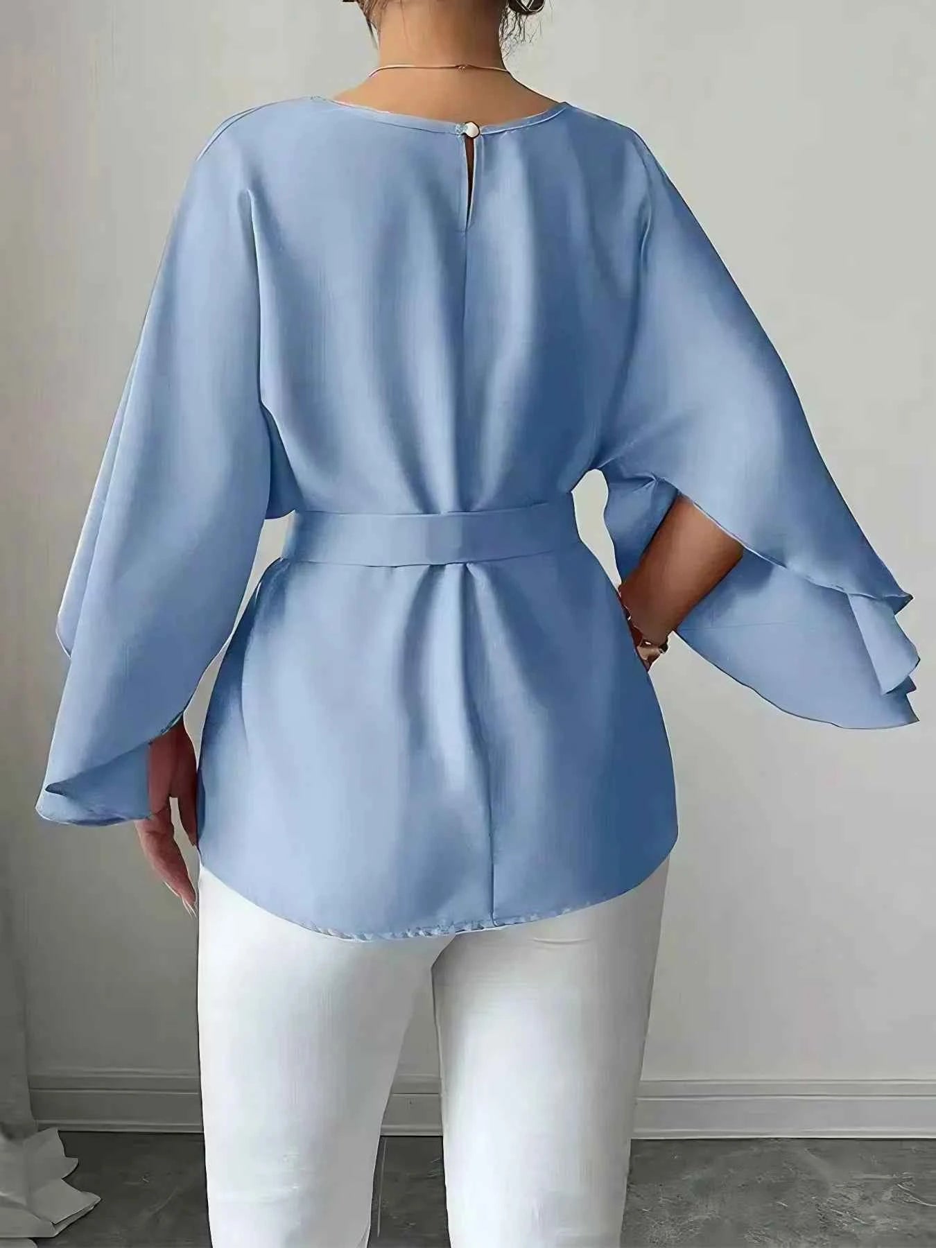 Belted Round Neck Flutter Sleeves Blouse b75a9da8-7f2f-4cf1-a55c-ef612a073e07-Max-Origin
