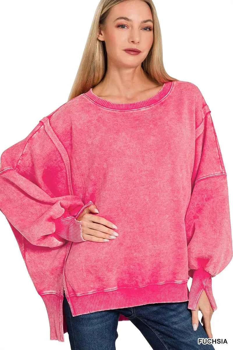 Zenana Acid Washed Batwing Sleeve Fleece Sweatshirt FUCHSIA b75a9ec415ca493e82afb0f05c19fbe7-Max-Origin