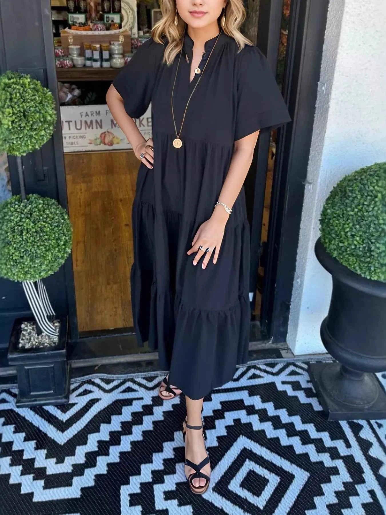 Short Sleeve Tiered Midi Shirt Dress Black b75c5f03-94e1-428c-bde3-13e237f81ede-Max-Origin
