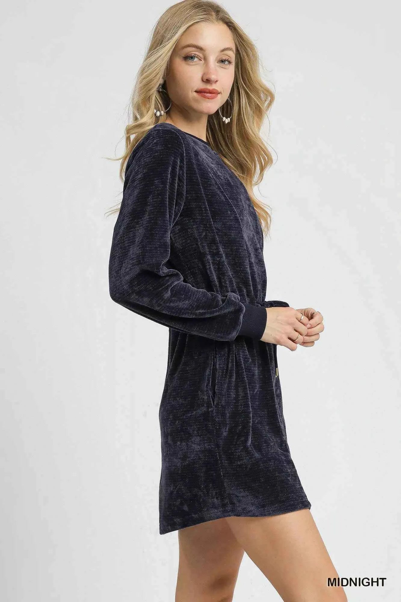 Velour Drawstring Mini Dress with Long Sleeves b75f2e07-090b-497b-8bb8-6228123981ac-Max-Origin