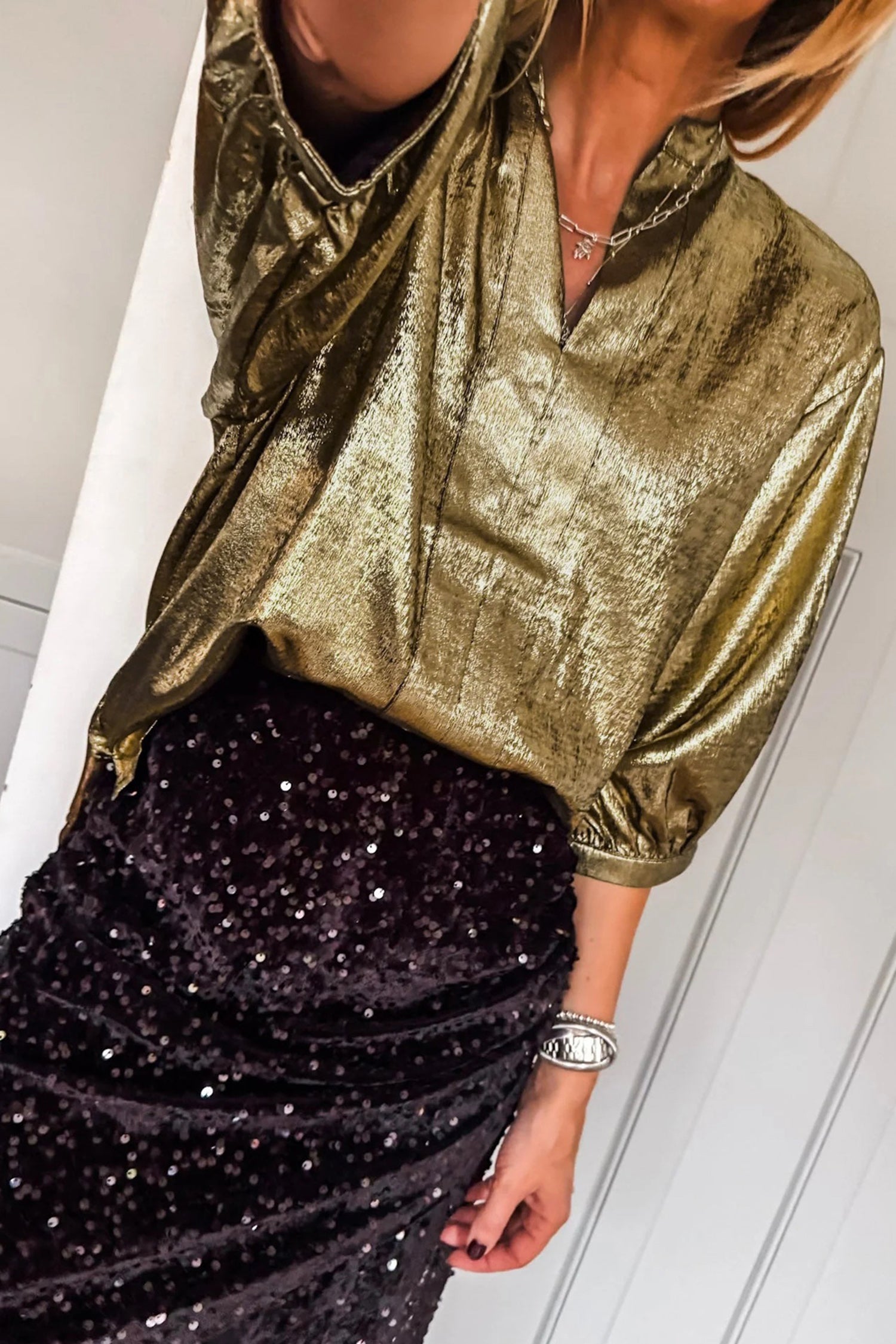Gold Metallic Split Neck Half Sleeve Blouse b7609e068fd89ce5