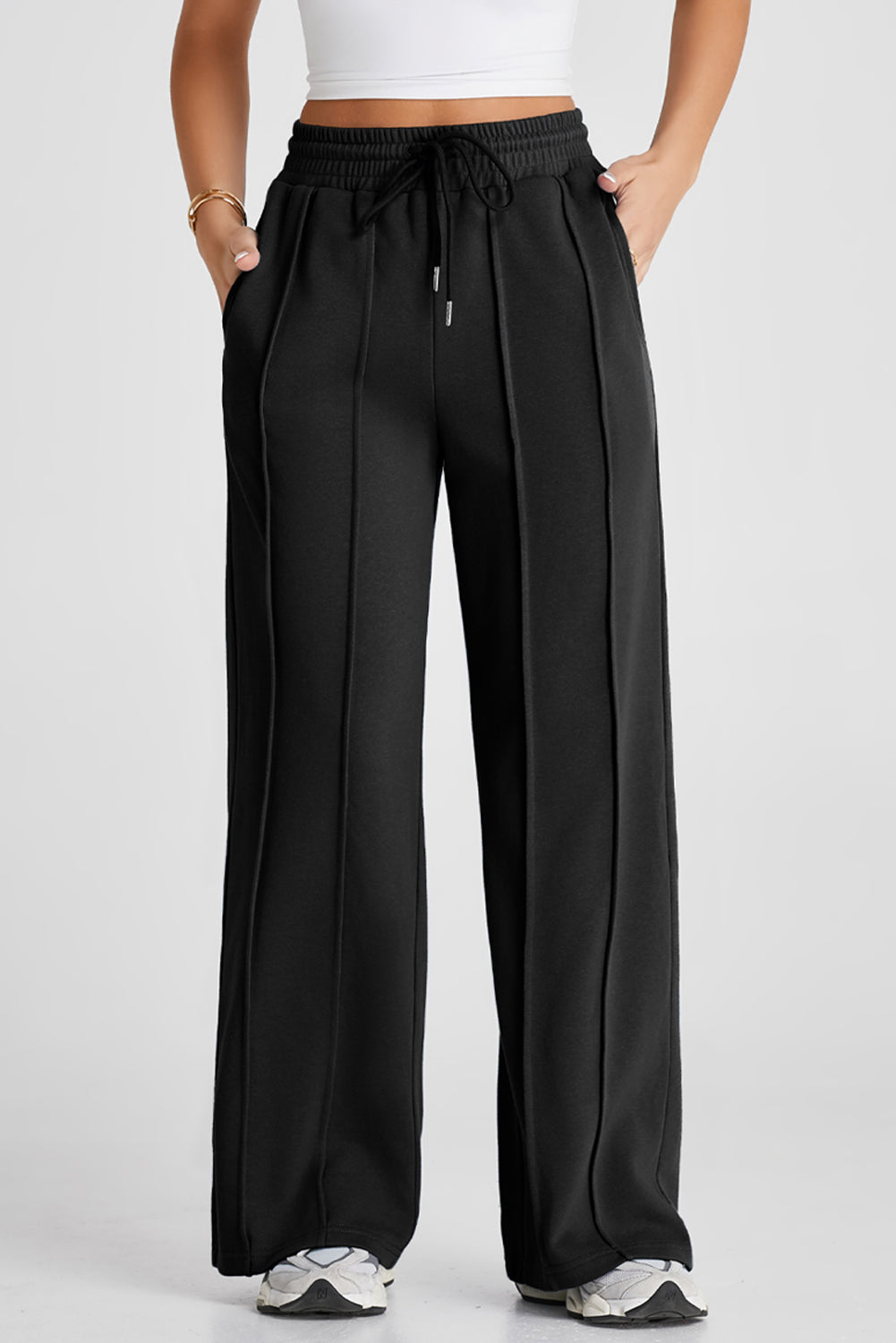 Gray Seamed Drawstring High Waist Wide Leg Sweatpants Black 65%Polyester+35%Cotton b7609e49ec1776ab