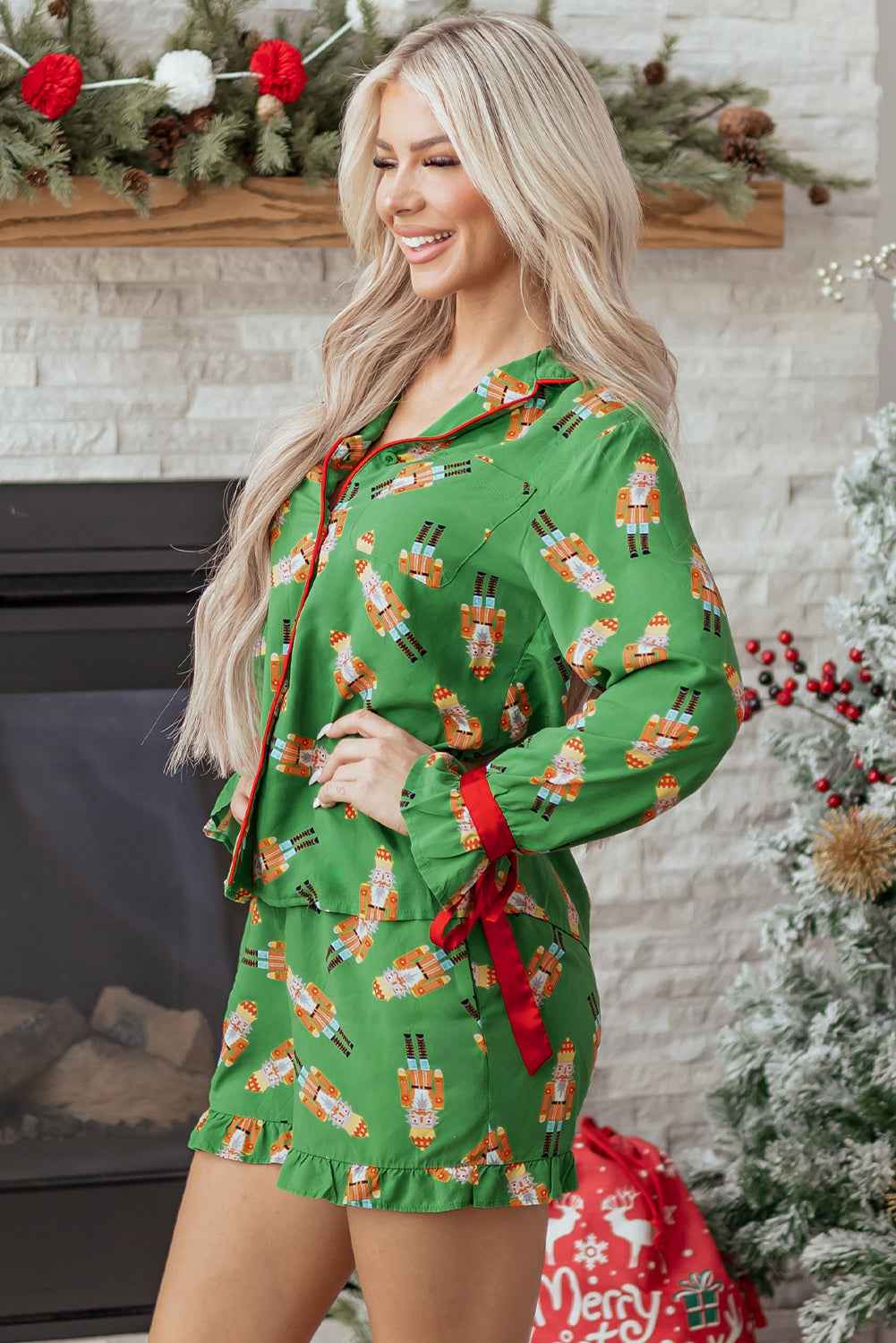 Green Christmas Candy Contrast Trim Bow Knot Silky 2pcs Pajama Set b76dacb36c64e0dd