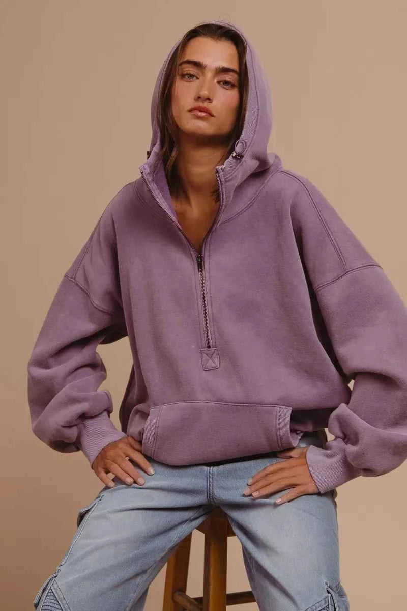 Stitch Detailed Elastic Hem Half Zip Fleece Hoodie b76ec822-b4cf-48f8-a8d3-d4e58f2799c9-Max-Origin