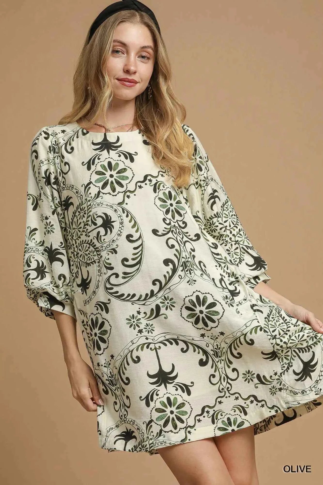 Umgee Boho Printed Balloon Sleeve Mini Dress Olive b7704ebd-41f5-47fe-ba82-7ee89c9298c4-Max-Origin