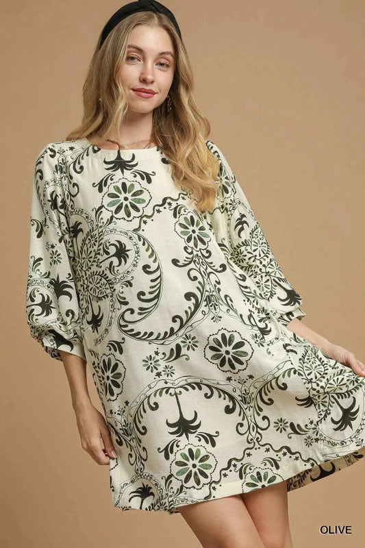 Umgee Boho Printed Balloon Sleeve Mini Dress Olive b7704ebd-41f5-47fe-ba82-7ee89c9298c4-Max-Origin