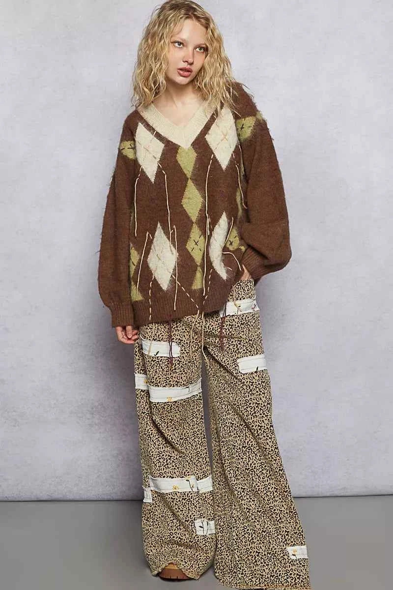 POL V-Neck Argyle Pattern Mohair Sweater with Contrast Exposed Stitch Detail b7718e72-234e-4424-aead-321dac8f2d2f-Max-Origin
