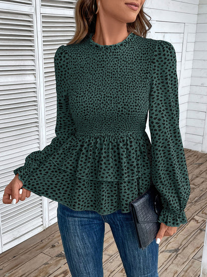 Perfee Printed Round Neck Smocked Flounce Sleeve T-Shirt