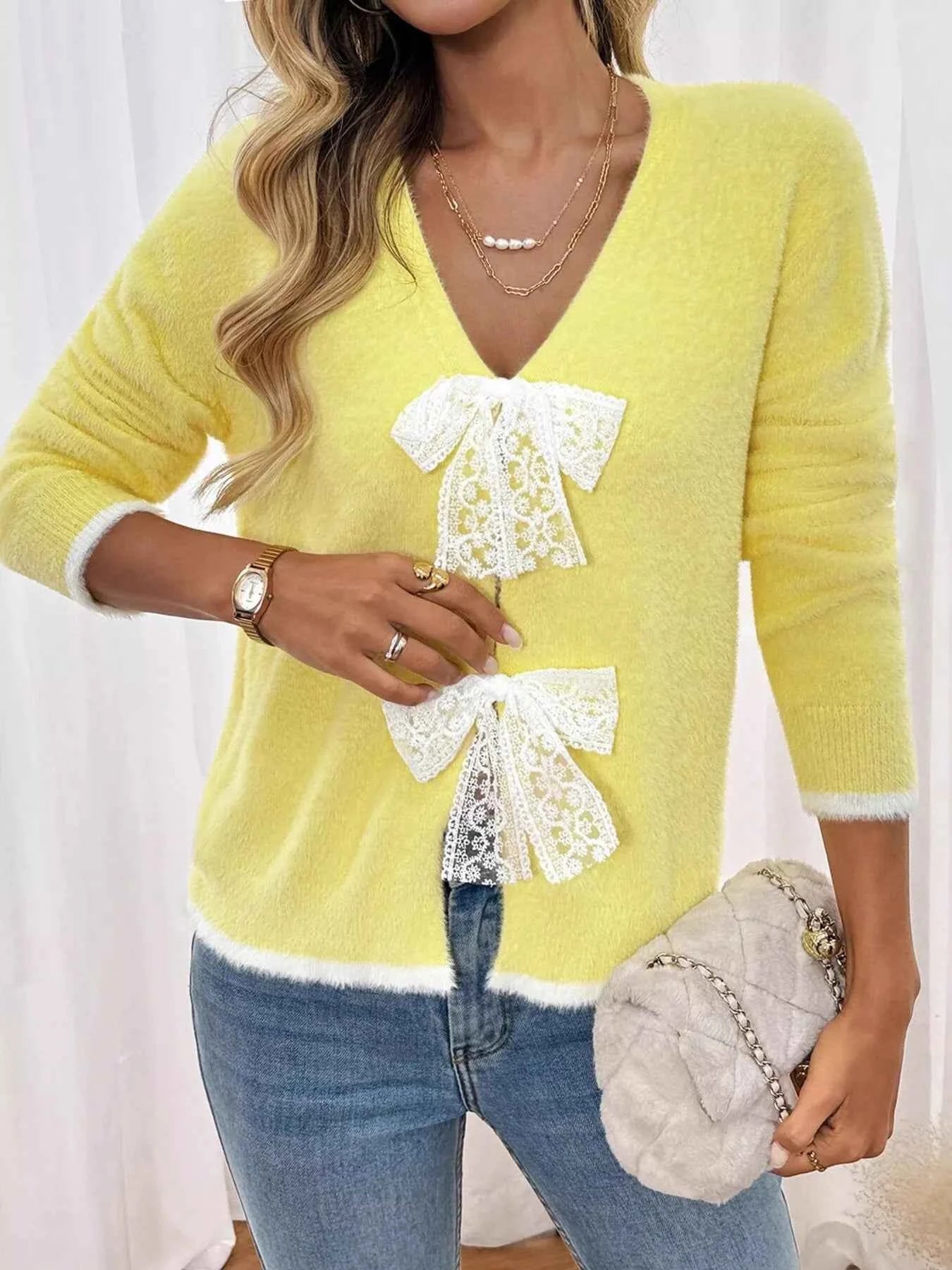 Lace Bow-Tie Front Long Sleeve Cardigan b7761ed77b8d4567a6f912bdb8db5f61-Max-Origin