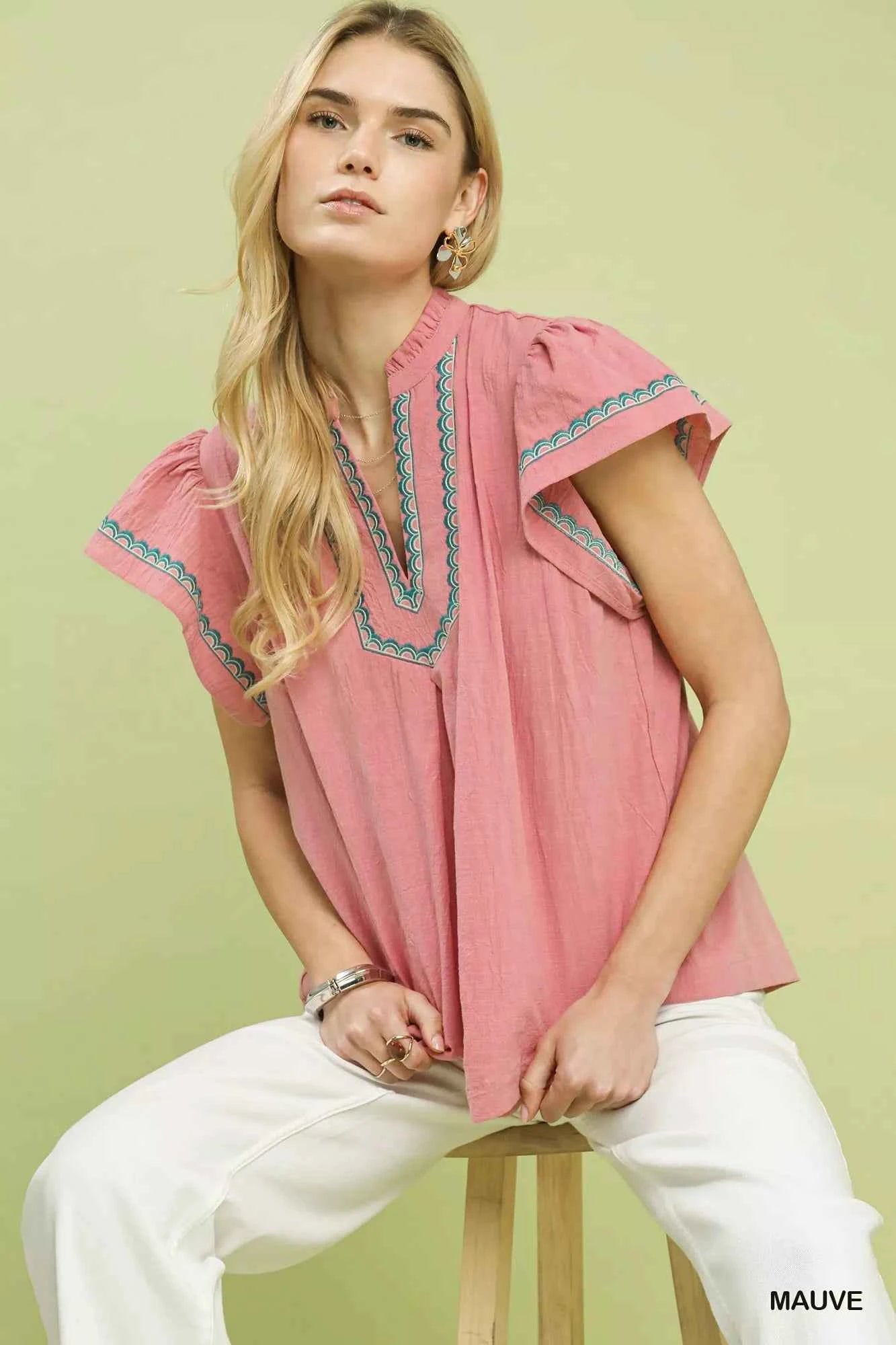 Umgee Embroidered Flutter Sleeve Blouse b7833982-941c-4399-bc98-1d6c50398635-Max-Origin