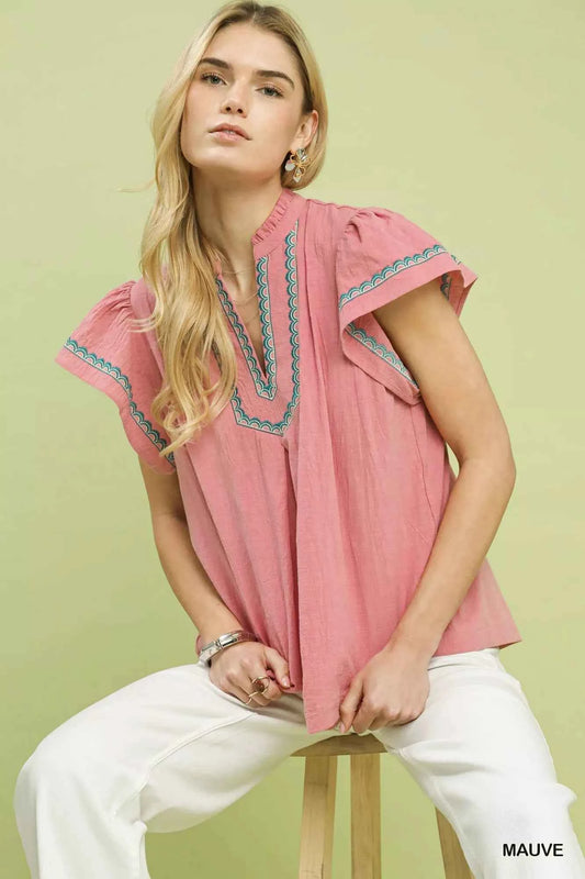 Umgee Embroidered Flutter Sleeve Blouse b7833982-941c-4399-bc98-1d6c50398635-Max-Origin