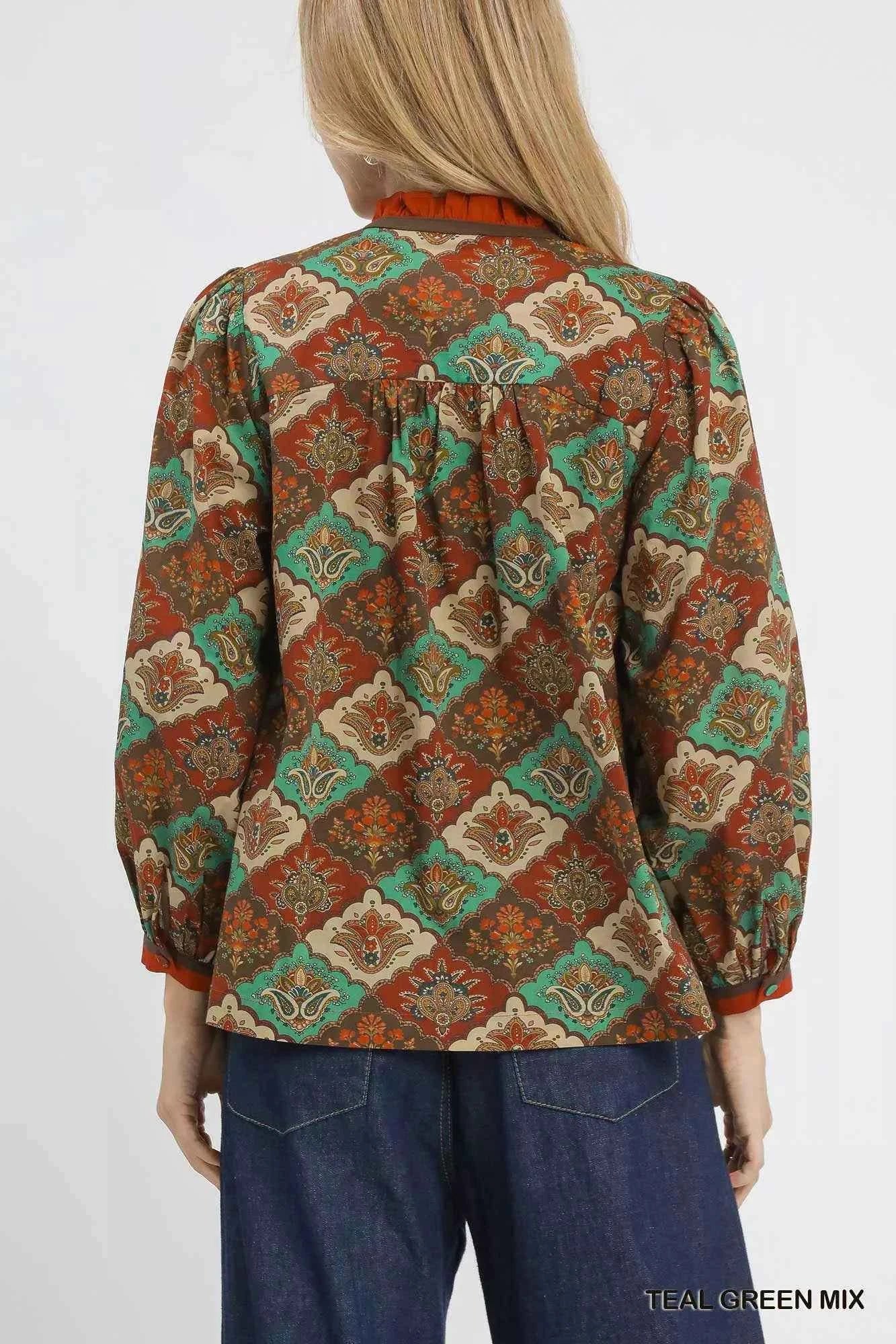 Umgee Abstract Print Ruffle Neck Top b78958b5-3f48-4a45-834f-961e5669640e-Max-Origin