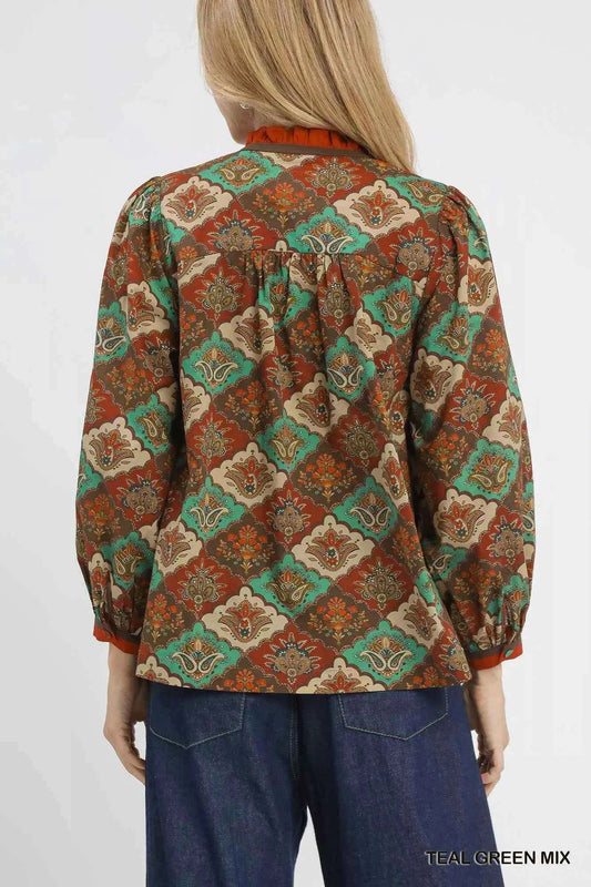 Abstract Print Ruffle Neck Top b78958b5-3f48-4a45-834f-961e5669640e-Max-Origin