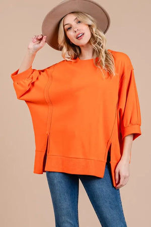 Ces Femme Side Slit Drop Shoulder Puff Sleeve Sweatshirt Orange b789641f-0c9a-4c35-8189-7b196916ff3c-Max