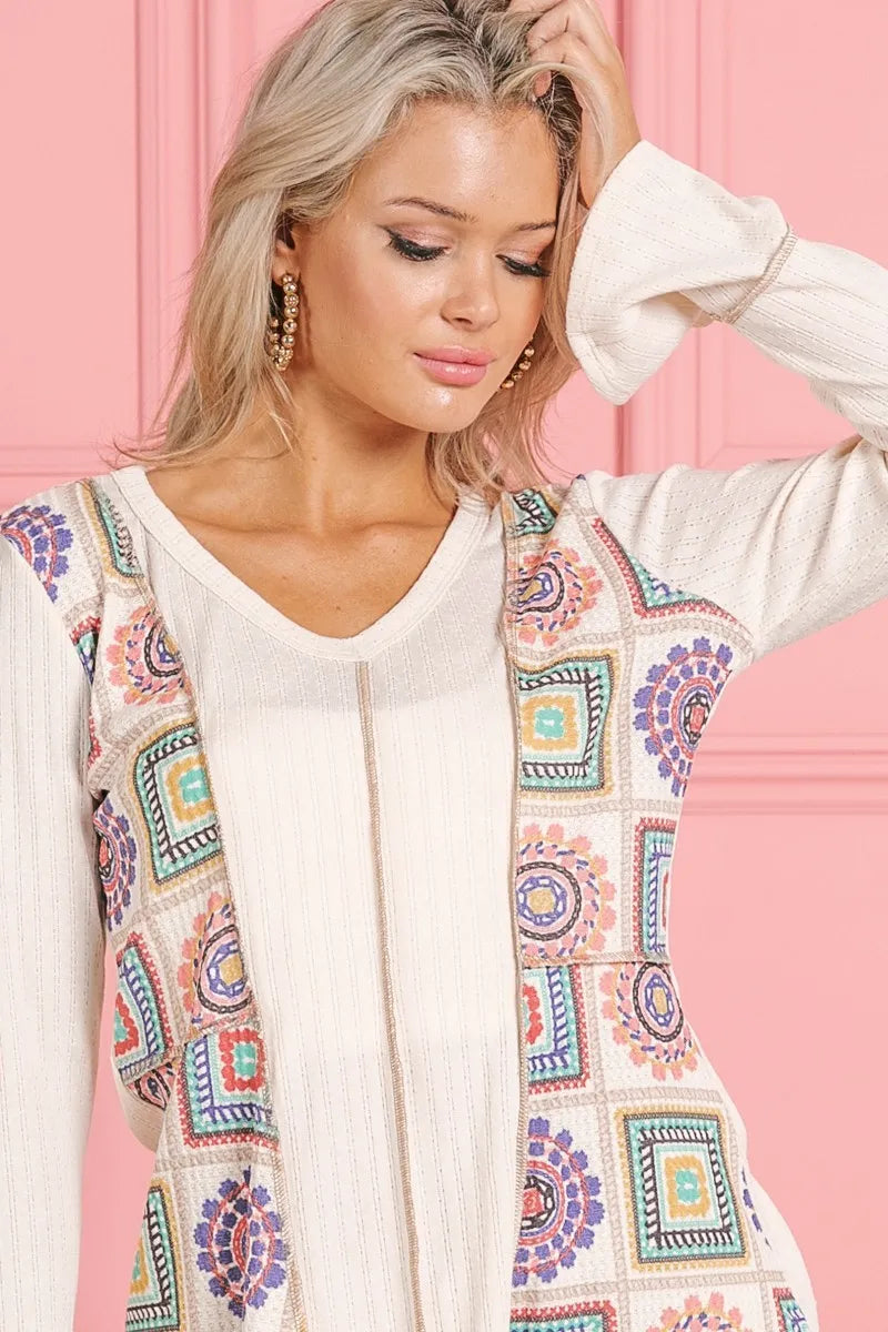 BiBi Granny Square Print Contrast Annie Rib V Neck Top b789a980c75144ad9715014fe51eb3e9-Max-Origin