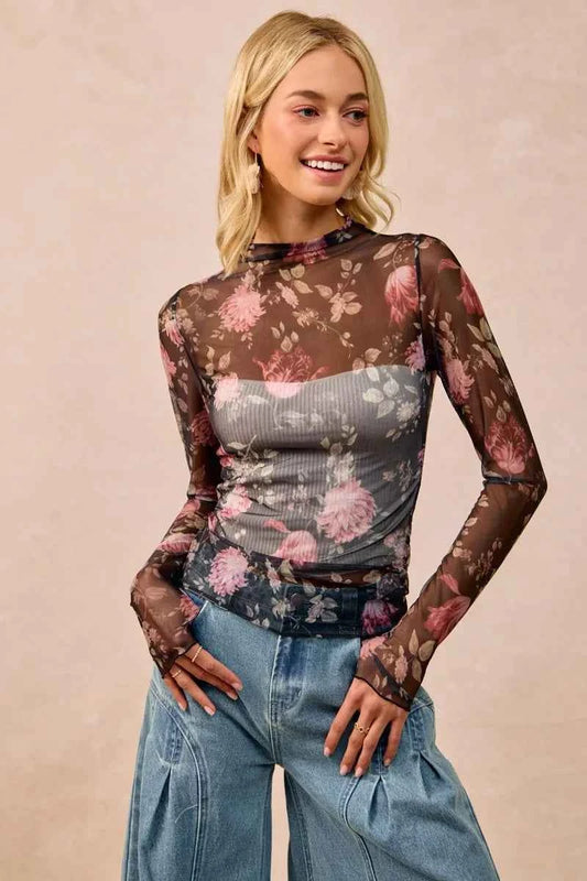 Flower Printed Mesh Lace Top with Thumb Opening BLACK ROSE b78c969587254ac9ad62fe10b5528ec2-Max-Origin