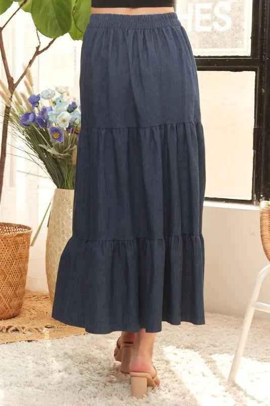 ADORA Waist Band Tiered Denim Maxi Skirt b78d98ff92cf46b393a02fab6dc03c8c-Max-Origin