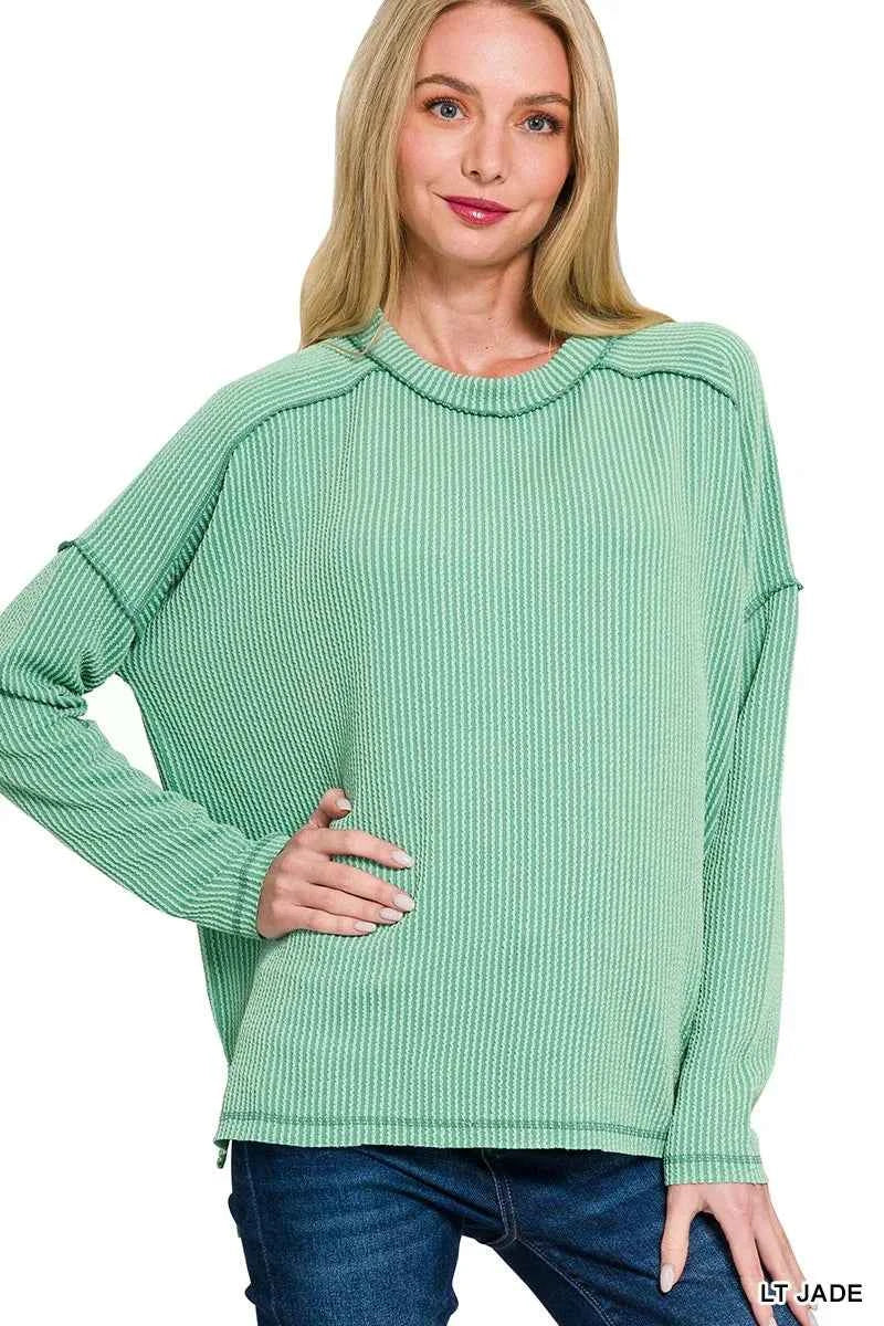 Zenana Exposed Seam Long Sleeve Corded Rib Knit Top LT JADE b78dfd6a05f446609edf3af5d9e5ef43-Max-Origin
