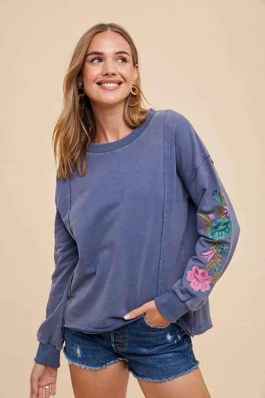 Annie Wear Embroidered Long Sleeve French Terry Top b78f20a4-d135-4760-91cf-e5550c7c95d9-Max