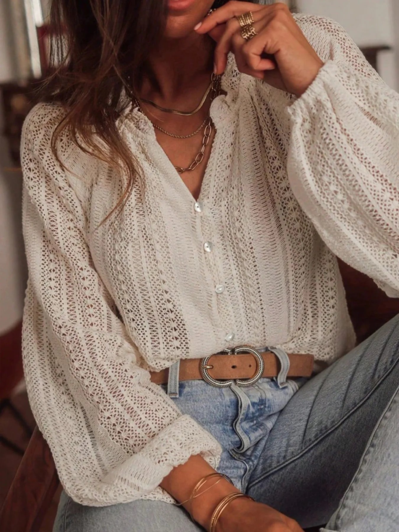 Crochet Notched Button-Front Shirt Apricot b78fde464c5a485c9be66eb6a0b1b1a5-Max-Origin