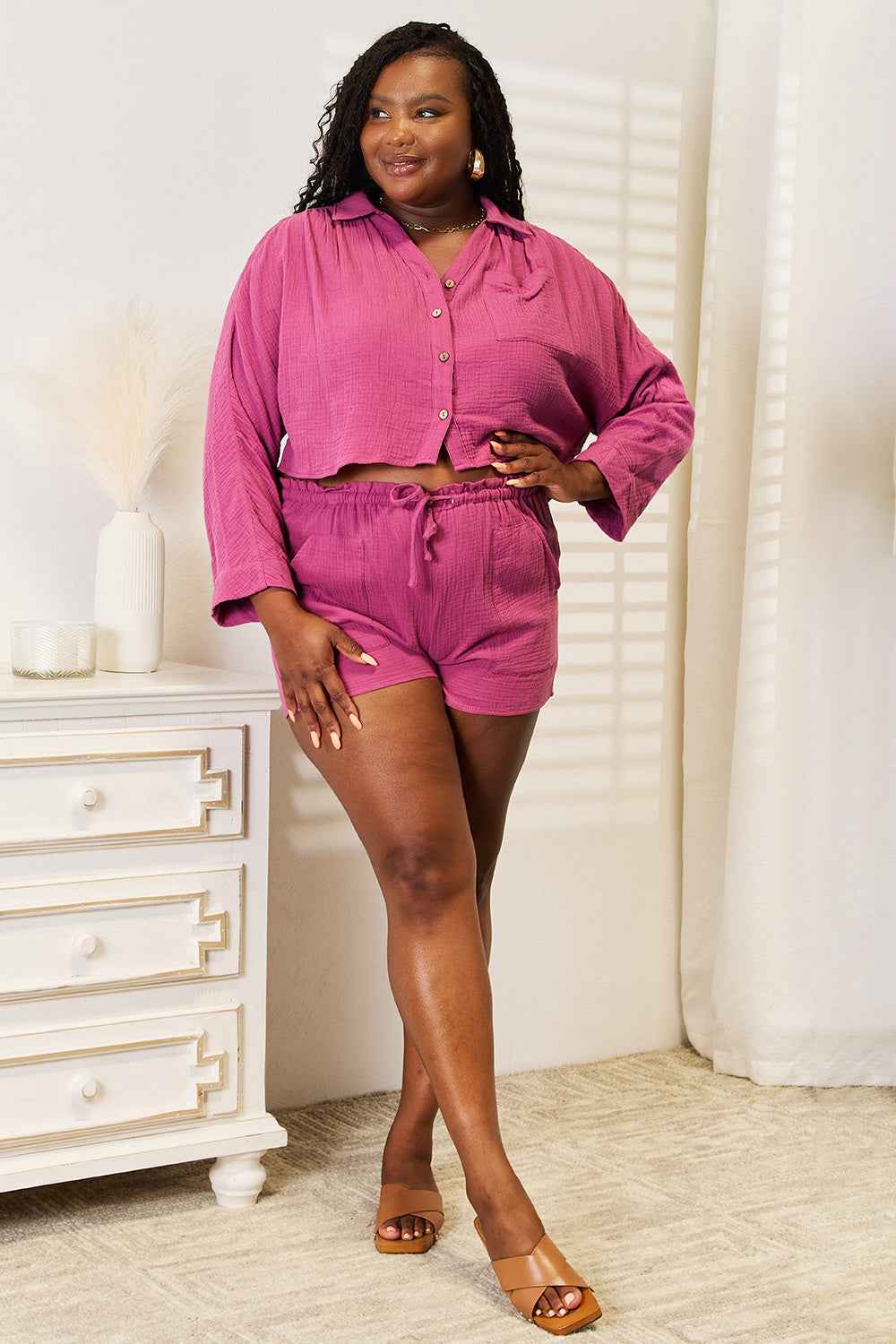 Basic Bae Buttoned Long Sleeve Top and Shorts Set b790eee78570458fb21e4973f3a87744-Max