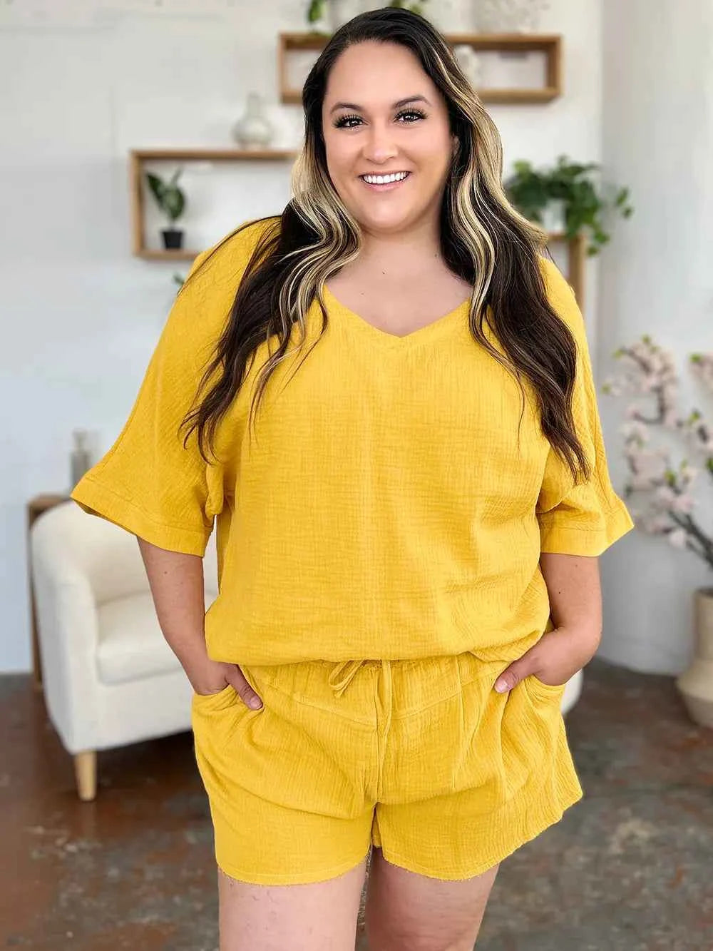 Double Take Texture Half Sleeve T-Shirt and Drawstring Shorts Set b7974a0f-fc9e-4277-b6a8-5ca5b3545197-Max