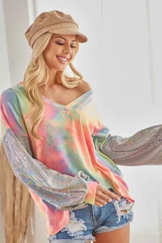 V Neck Tie Dye French Terry Top with Shiny b79d77ac08b4410ba3a80c6eb61f0048-Max-Origin