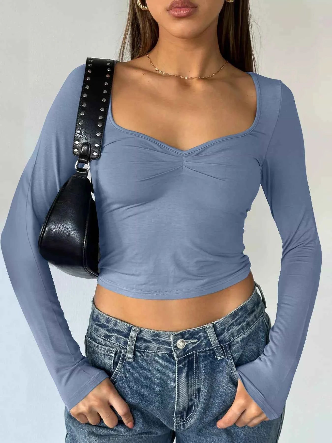 Long Sleeve Sweetheart Neck Crop T-Shirt Dusty Blue b79d7c280ef446f39e164f4605268731-Max-Origin