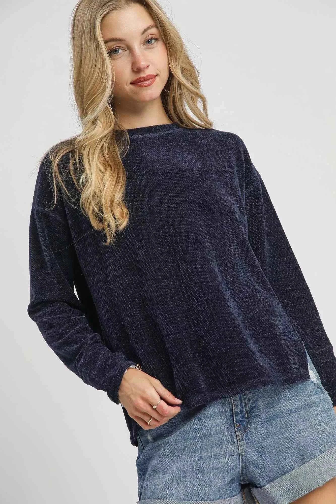 Umgee Round Neck Long Sleeve Side Slit Top Navy b79e6afb-1c35-405c-9eda-e2028fdddc41-Max-Origin