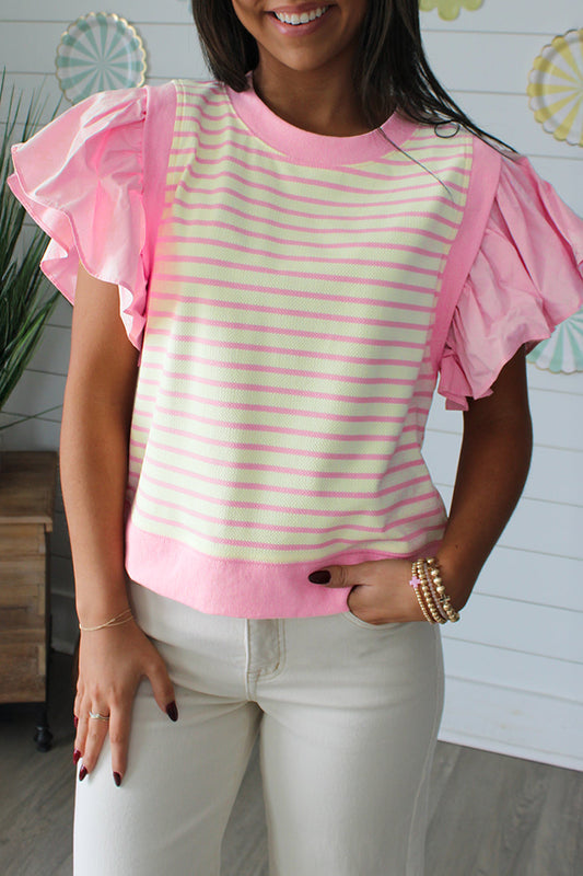 Pink Stripe Ruffled Short Sleeve Patchwork Blouse Pink Stripe 50%Cotton+47%Polyester+3%Elastane b7a4aca89fe0bb2d