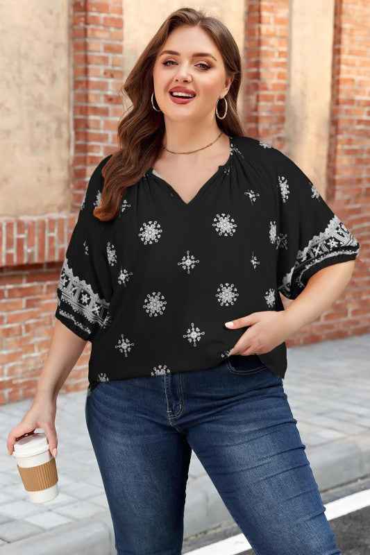 Plus Size Boho Floral Boho Notch V-Neck Top Black b7a51aa7-61b6-45c5-bbf4-88c7604051f8