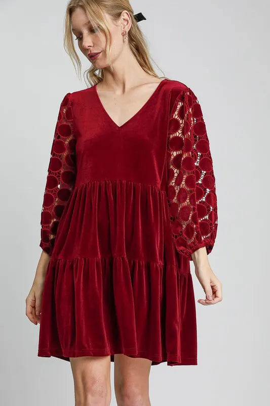 Umgee Dotted Lace Sleeve Tiered Velvet Mini Dress Burgundy b7a5e4a0-c1b1-4831-863c-10cb6238b8e6-Max