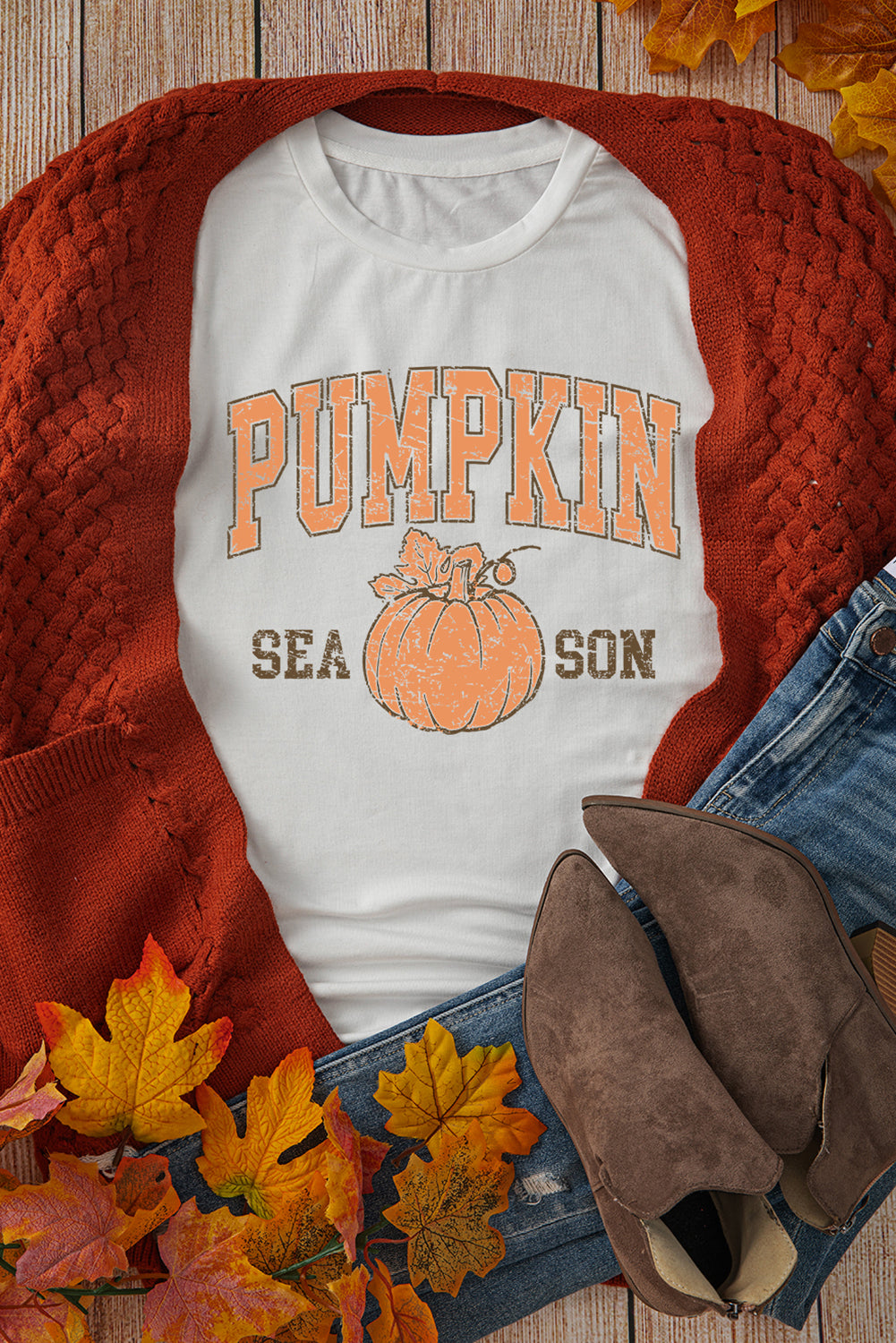 White PUMPKIN SEASON Cracking Heat Transfer Printing Cotton Blend T Shirt White 62%Polyester+32%Cotton+6%Elastane b7a6d157b6898734