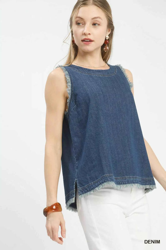 Umgee Sleeveless Fringe Hem Denim Top b7aac6ad-5fd9-434f-a4ab-4b5f2f798dc7-Max-Origin