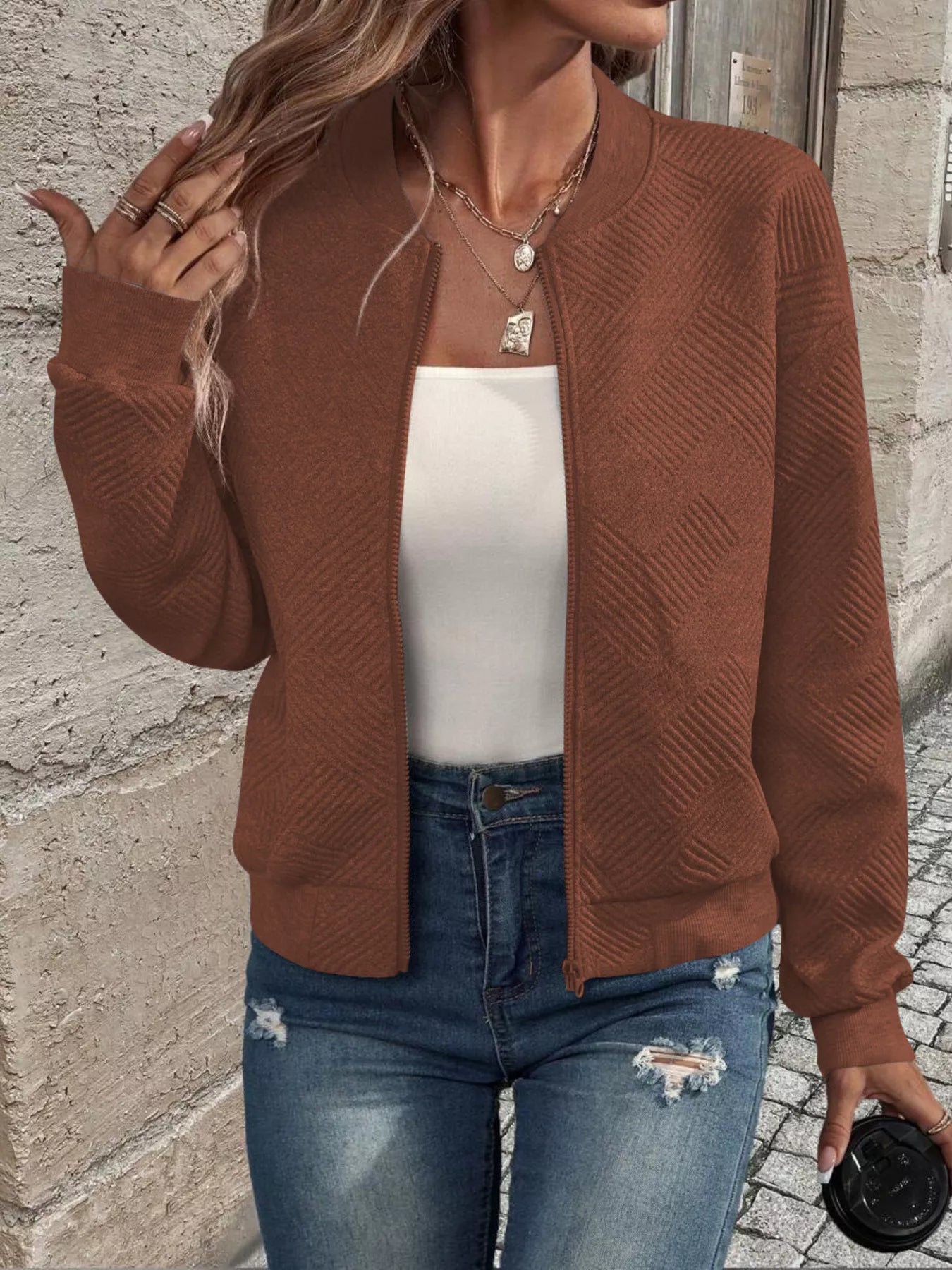 Texture Zip-Up Bomber Jacket Caramel Color b7af2643d42c462d9adbc219612b8449-Max-Origin