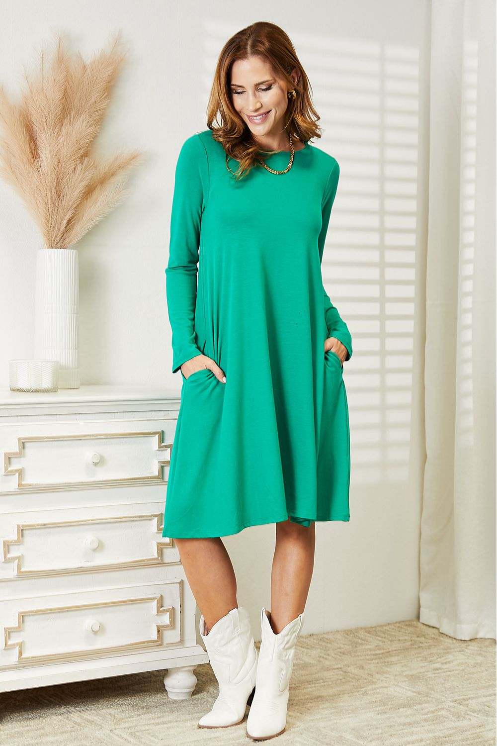 Zenana Full Size Long Sleeve Flare Dress with Pockets b7b276325a5e43609645ac1122541649-Max