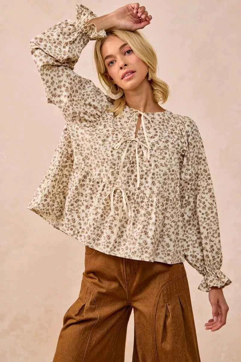 BiBi Floral Printed Peplum Blouse with Shirring and Tied OATMEAL b7be3e971b7b499e9983a6d2346c77f8-Max-Origin