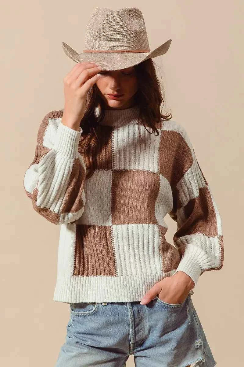 SO ME Ribbed Color Block Checkered Plaid Sweater b7c2b1e1d5b442ac819cf02136cb4d12-Max-Origin