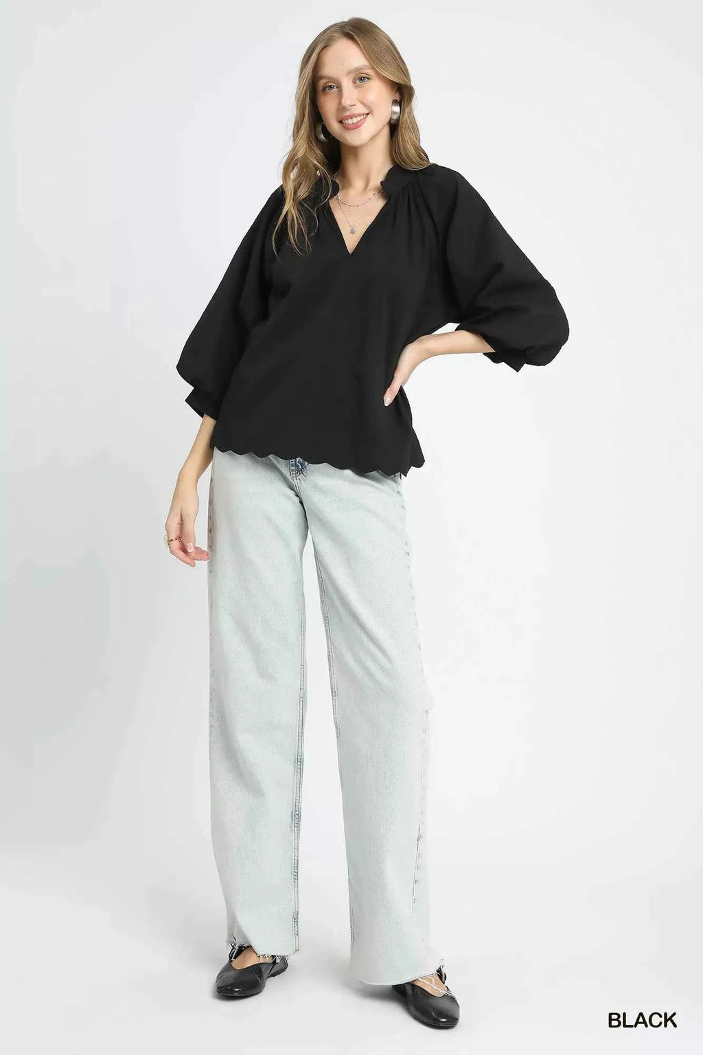 Umgee Full Size Textured Notched Balloon Sleeve Blouse Plus Size b7c3ca36-e9e5-4c81-a9b6-e3d43c1890f0-Max-Origin