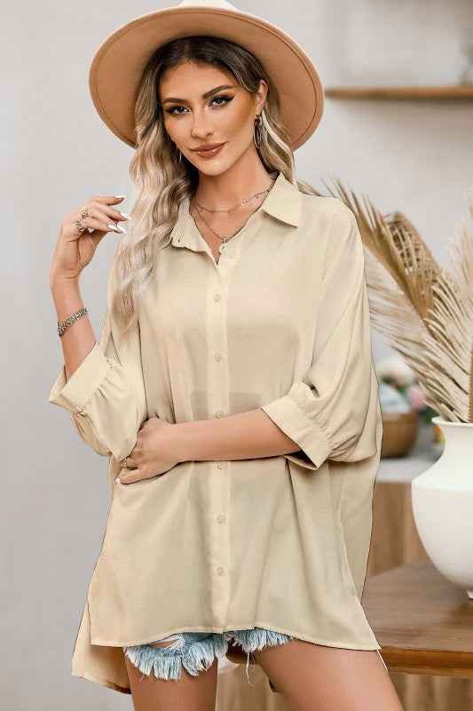 Solid 3/4 Puff Sleeve Oversize Shirt b7c5abd4-8a33-4707-8e8a-d34b928b5c61