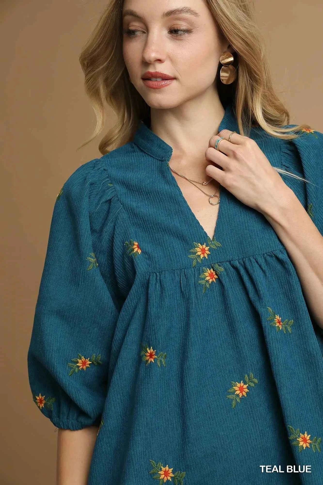 Umgee Corduroy Babydoll Dress with Floral Embroidery b7ceeeb6-de98-4fea-97df-b188643d0e95-Max-Origin