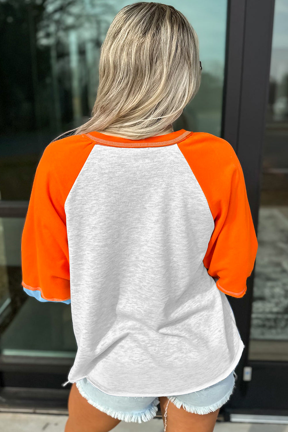 Light Grey Thanksgiving Turkey Graphic Sequins Patch Color Block Raglan Sleeve Top b7d108303c7ded19