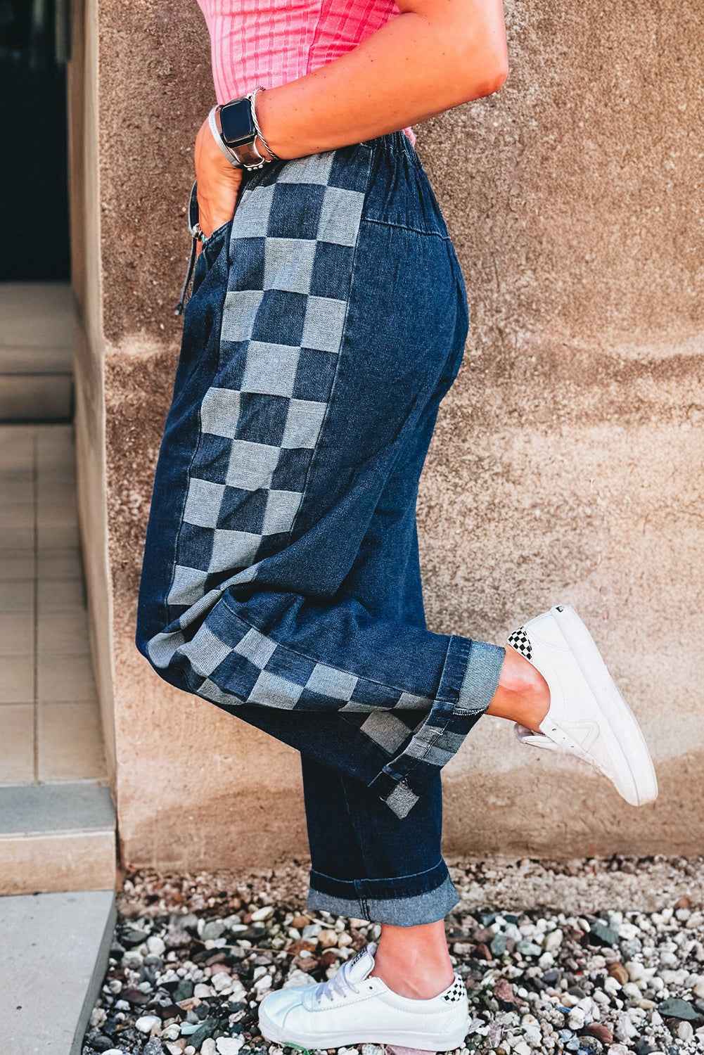 Sail Blue Checkered Side Panel Patchwork Drawstring Loose Denim Pants Sail Blue 90%Cotton+5%Viscose+5%Polyester b7d1c274a412cce5