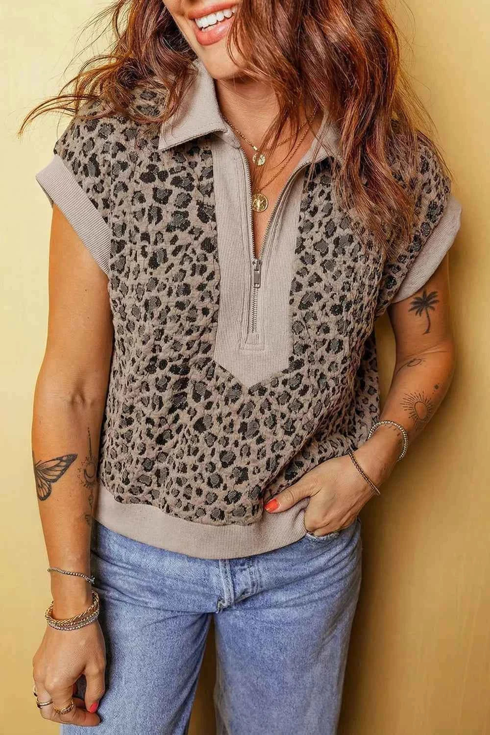 Zip Up Collared Leopard Cap Sleeve Top Leopard b7da3e95-0268-4625-ba51-74215192a0f3-Max-Origin