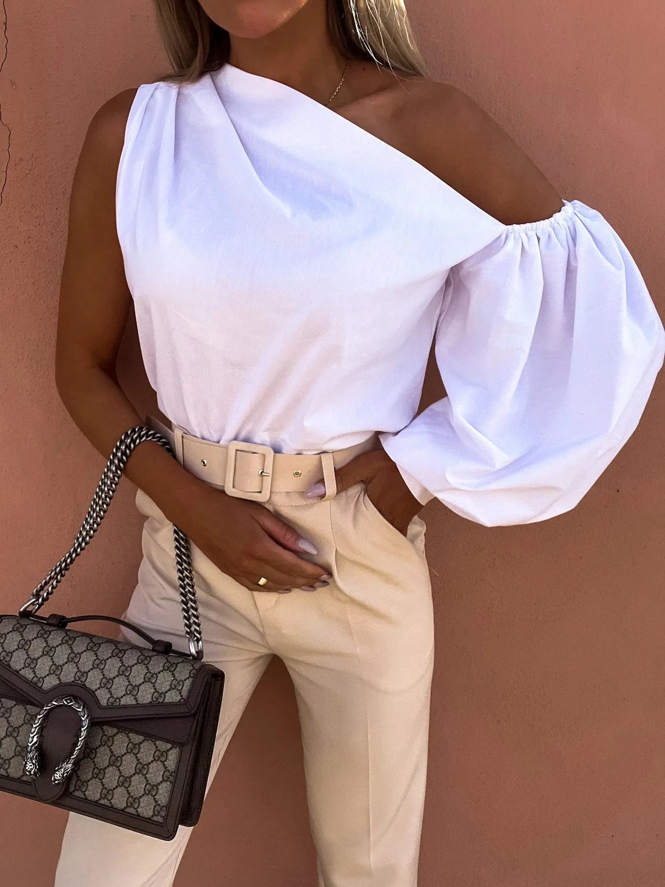 One Shoulder Puff Sleeve Blouse White b7dc53be6b3d4efbb38783485c644460-Max-Origin