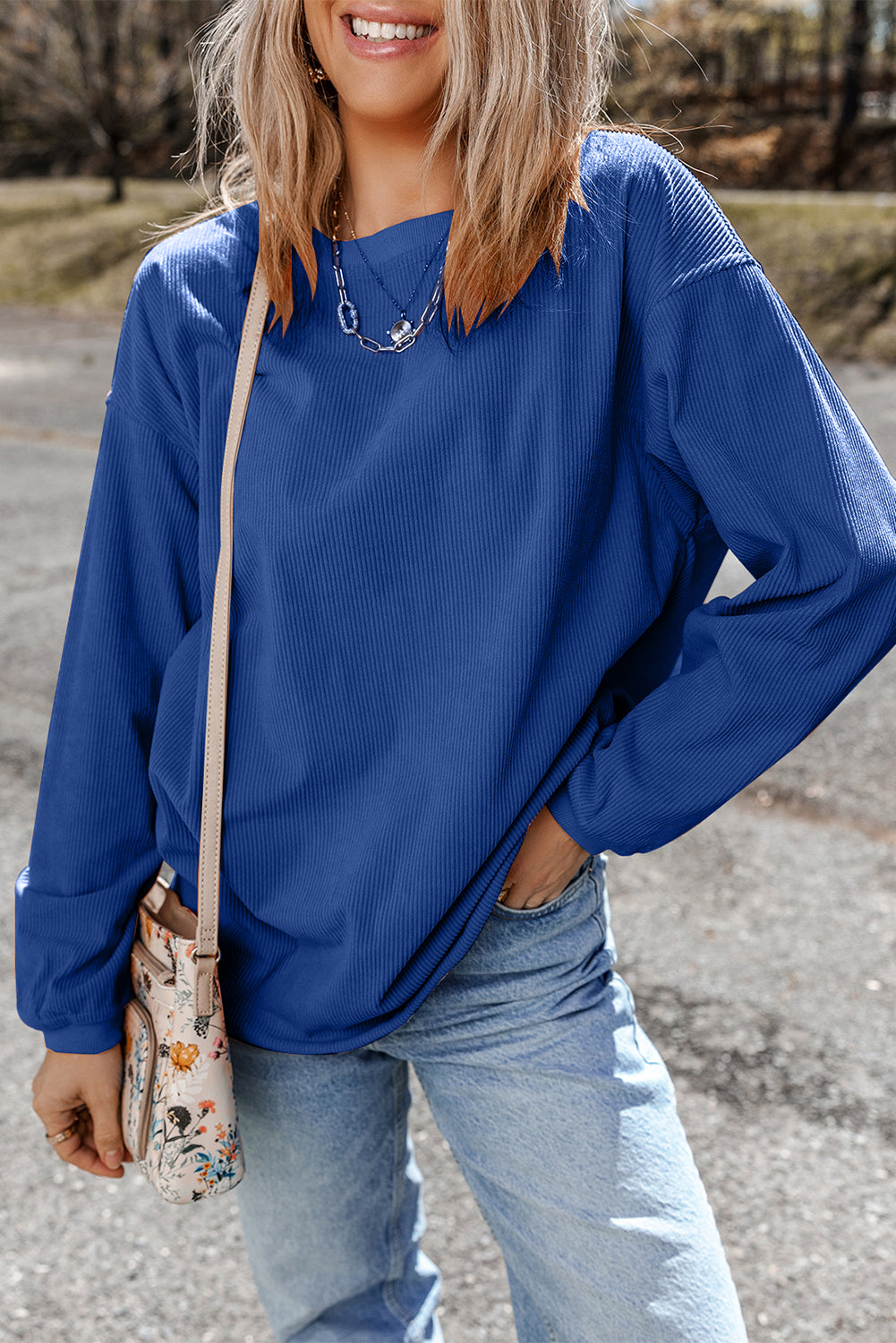 White Drop Shoulder Rib Knit Oversized Sweatshirt b7e45b04fbf63a16