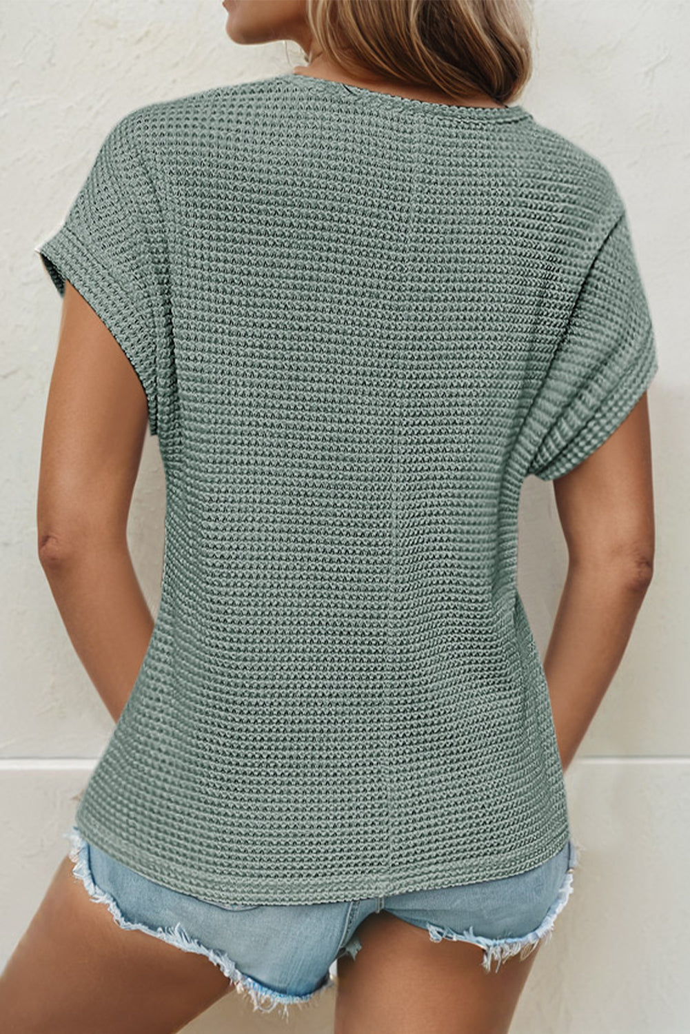 Mist Green Hollow Patchwork Waffle Knit Top b7e5aa9a3ec16d45