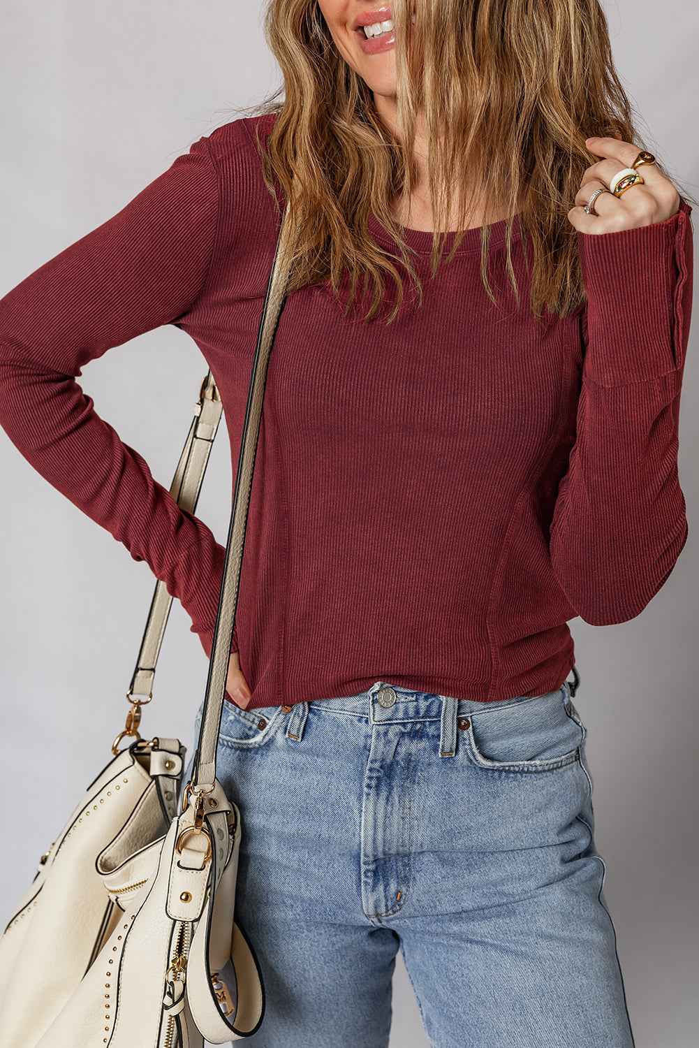 Burgundy Exposed Seam Ribbed Long Sleeve Top b7e5c4a0f7875a4d