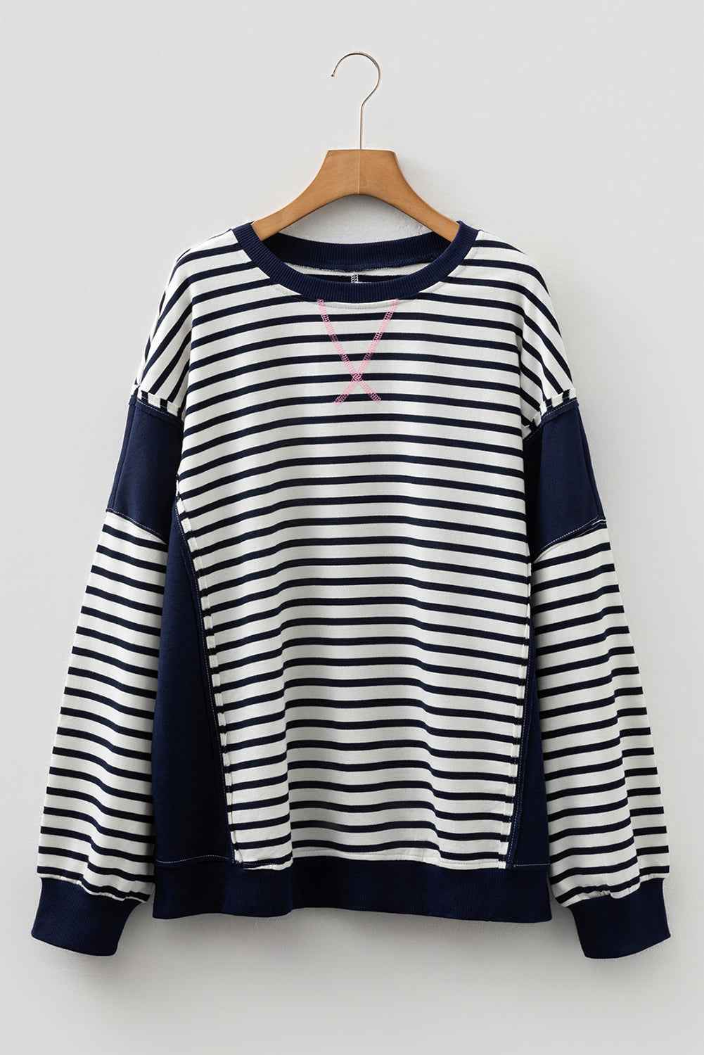Blue Stripe Contrast Stitched Detail Color Block Patchwork Plus Size Sweatshirt b7ea6b90805597e2